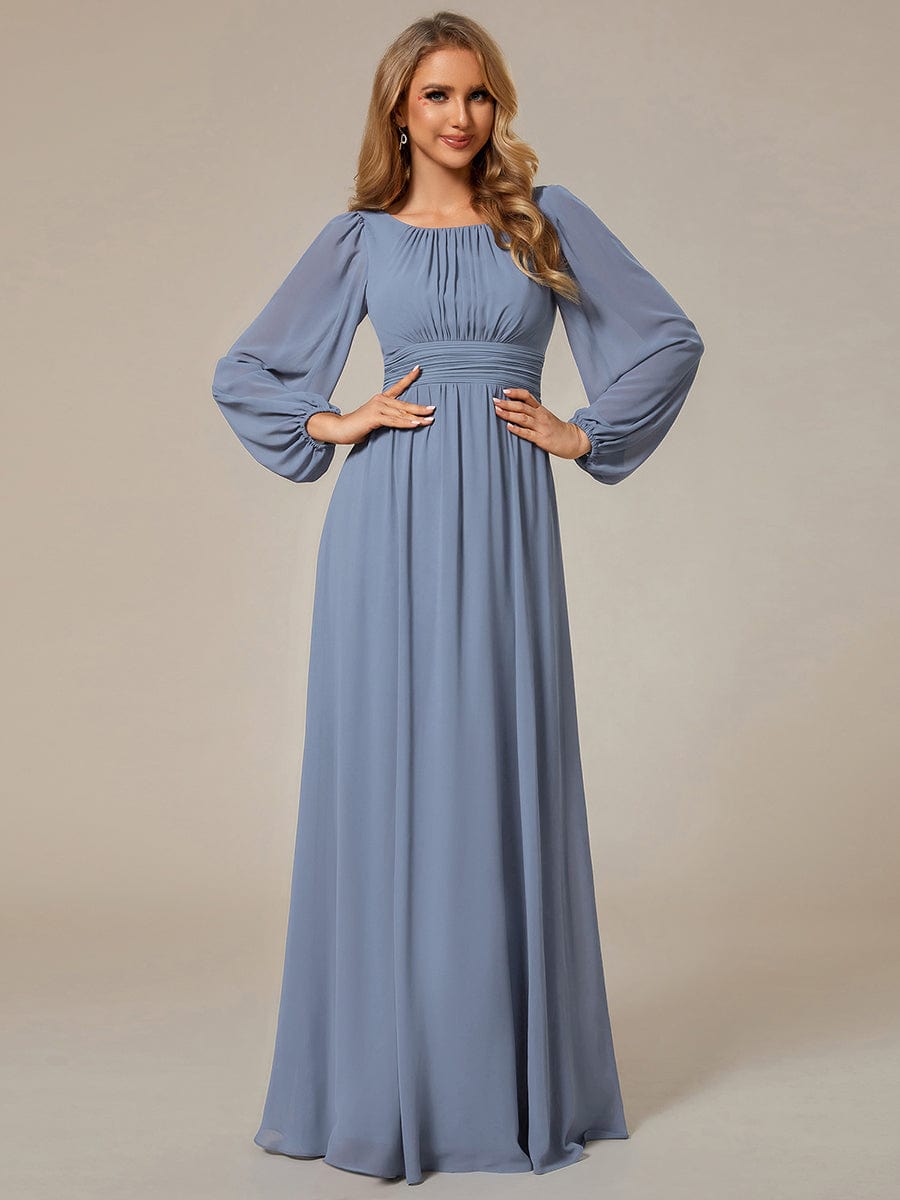 Chiffon Long Sleeve Pleated Floor Length Bridesmaid Dress #color_Slate Blue