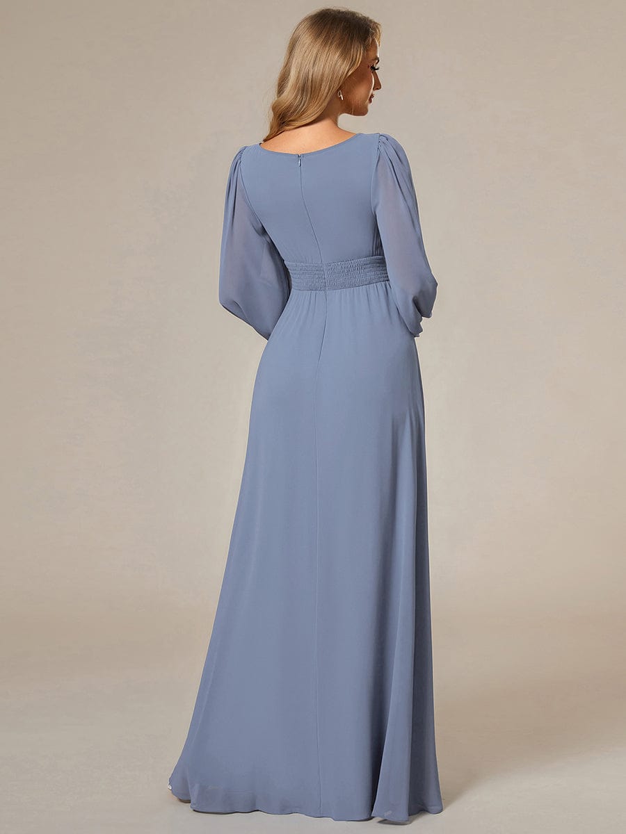 Chiffon Long Sleeve Pleated Floor Length Bridesmaid Dress #color_Slate Blue