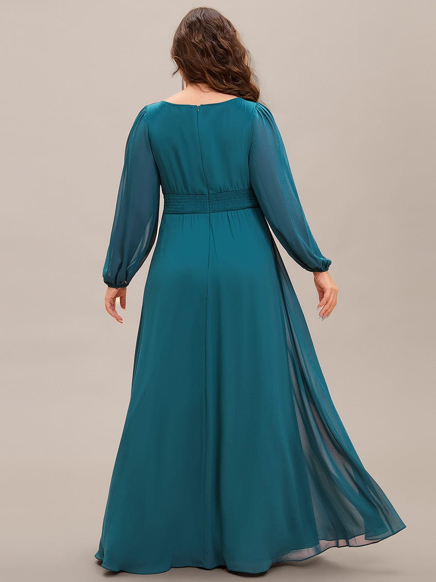 Chiffon Long Sleeve Pleated Floor Length Bridesmaid Dress #color_Teal