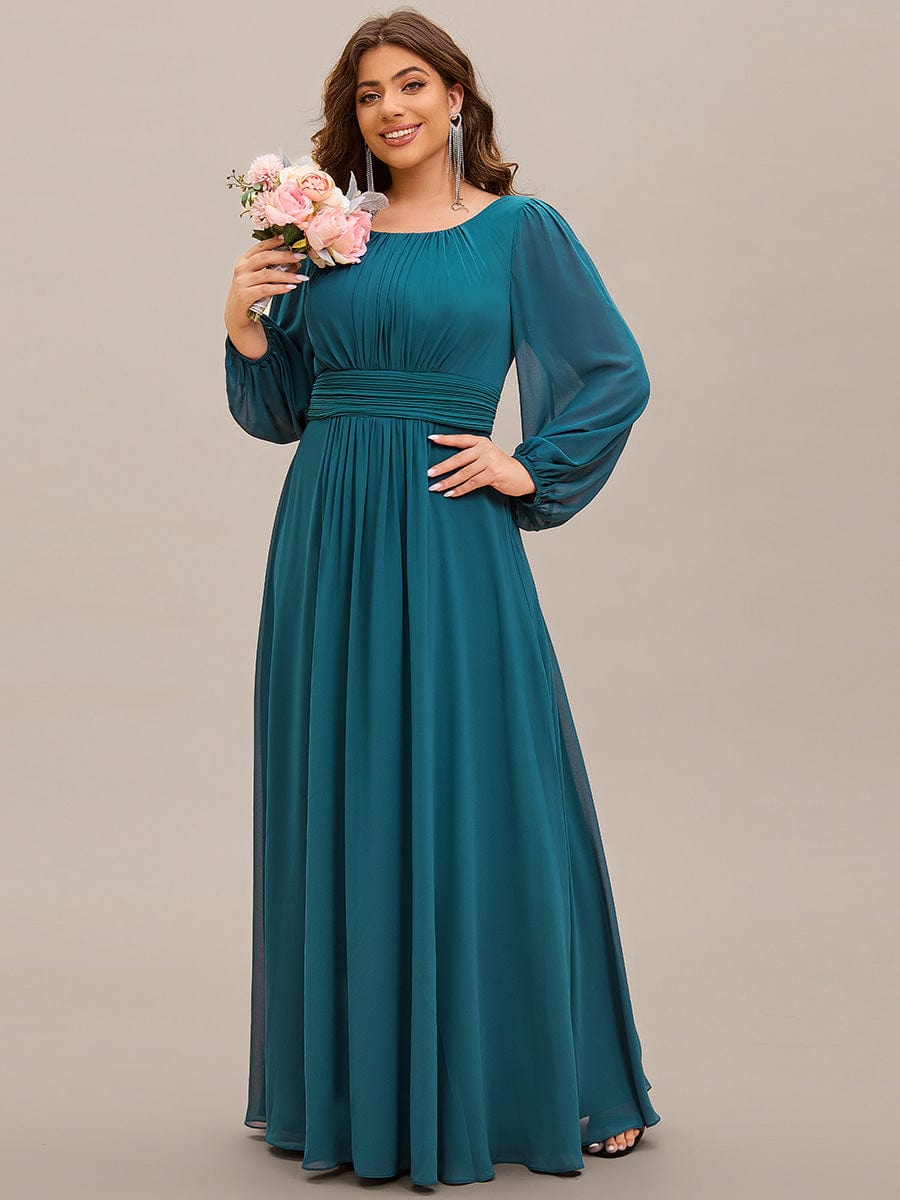 Chiffon Long Sleeve Pleated Floor Length Bridesmaid Dress #color_Teal