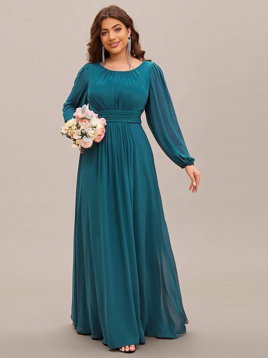 Chiffon Long Sleeve Pleated Floor Length Bridesmaid Dress #color_Teal