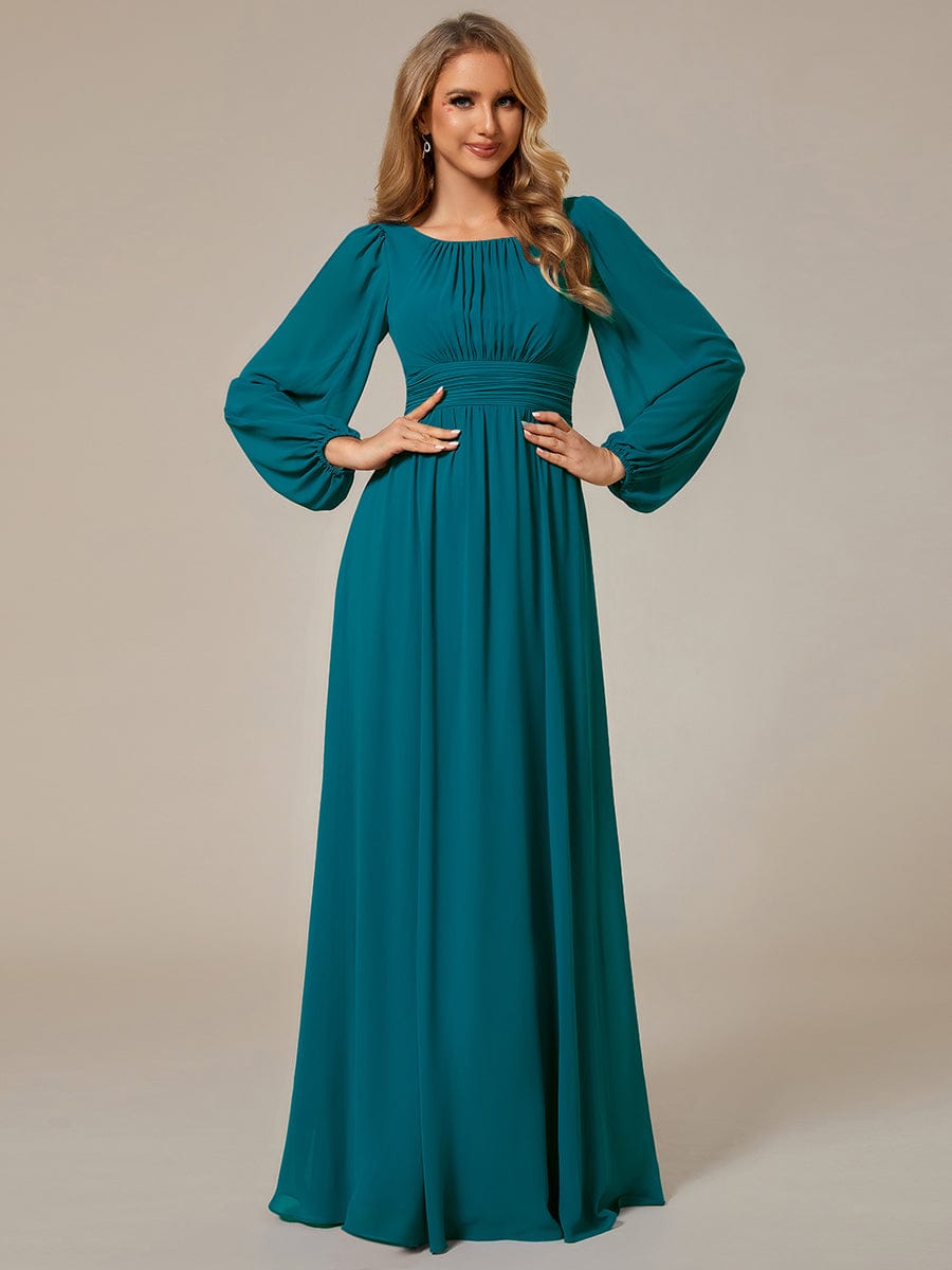 Chiffon Long Sleeve Pleated Floor Length Bridesmaid Dress #color_Teal