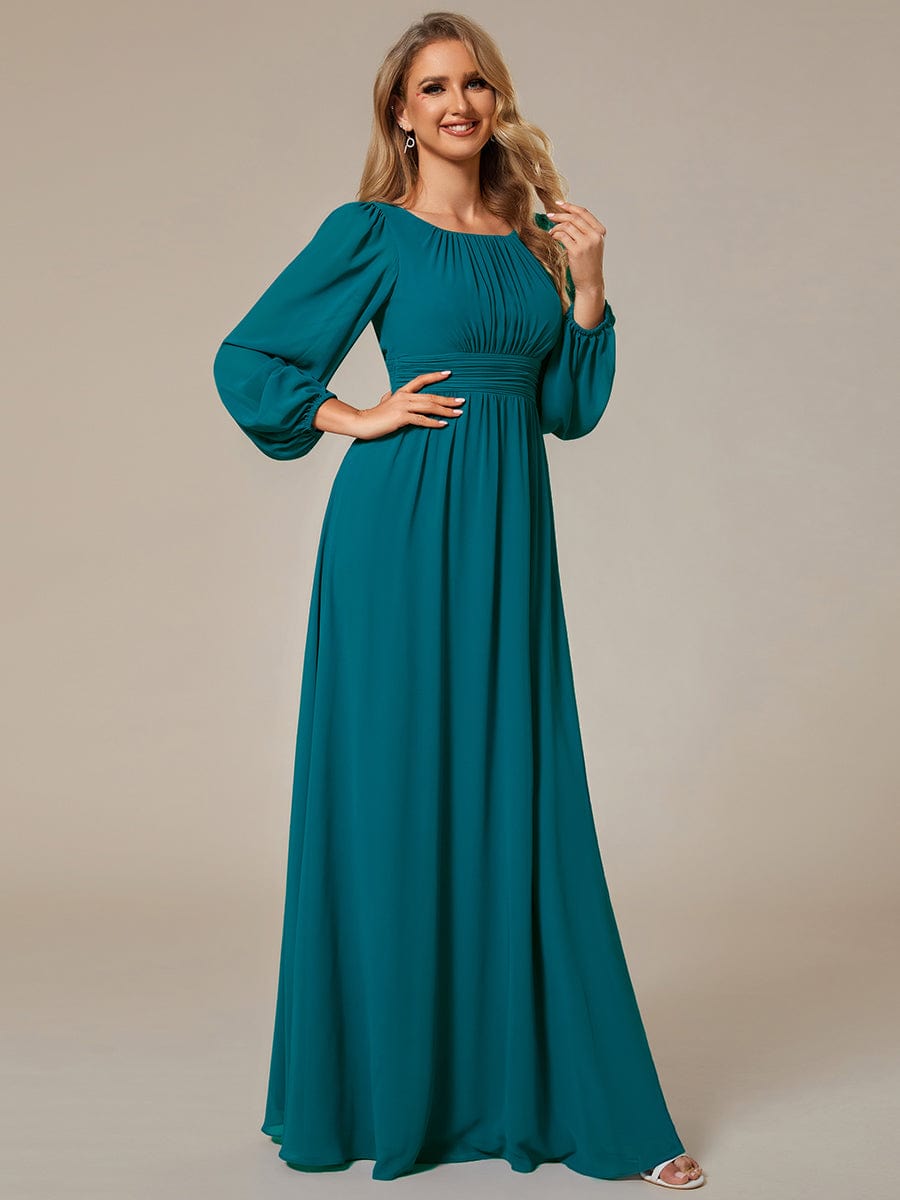 Chiffon Long Sleeve Pleated Floor Length Bridesmaid Dress #color_Teal