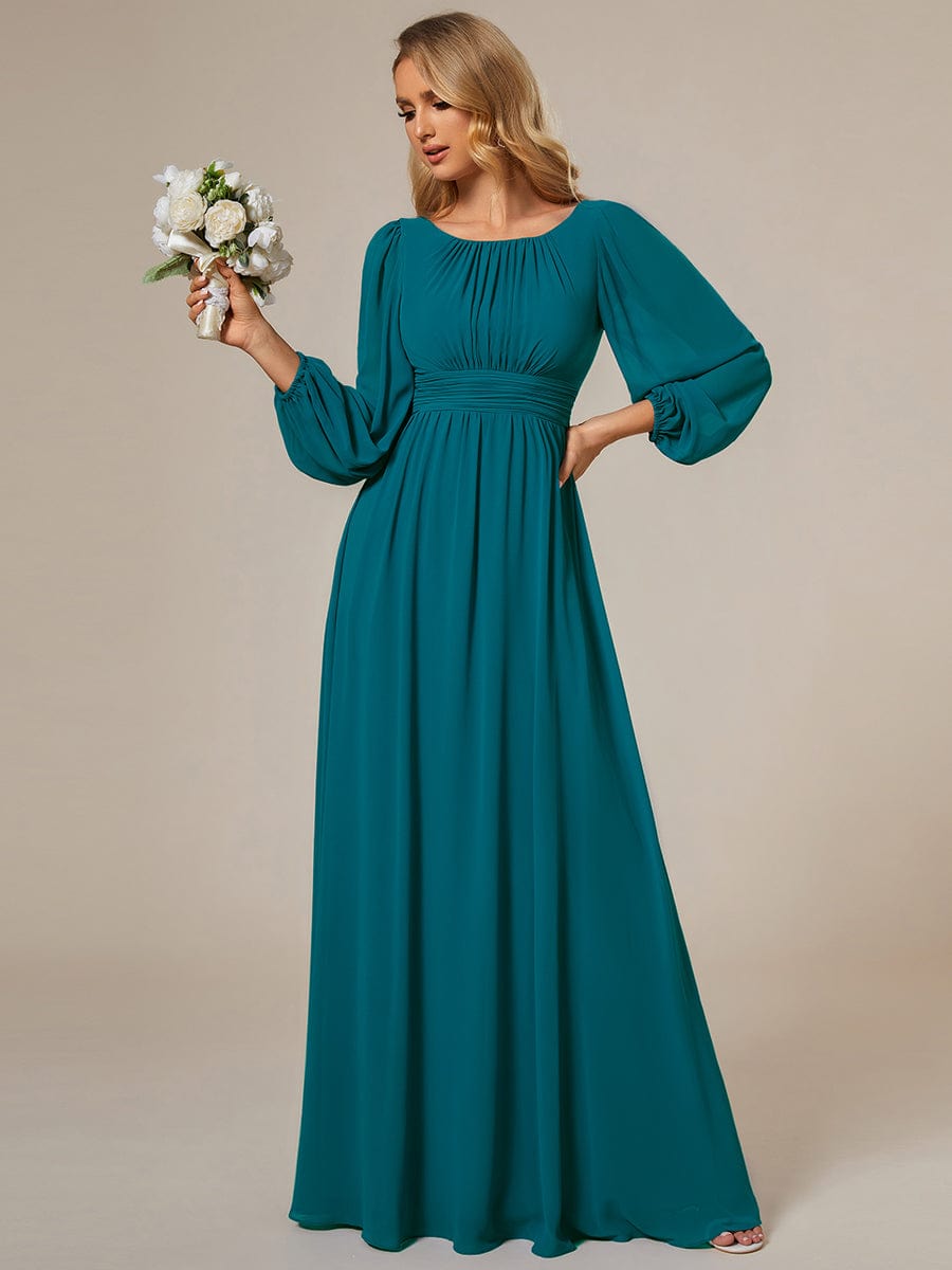 Chiffon Long Sleeve Pleated Floor Length Bridesmaid Dress #color_Teal