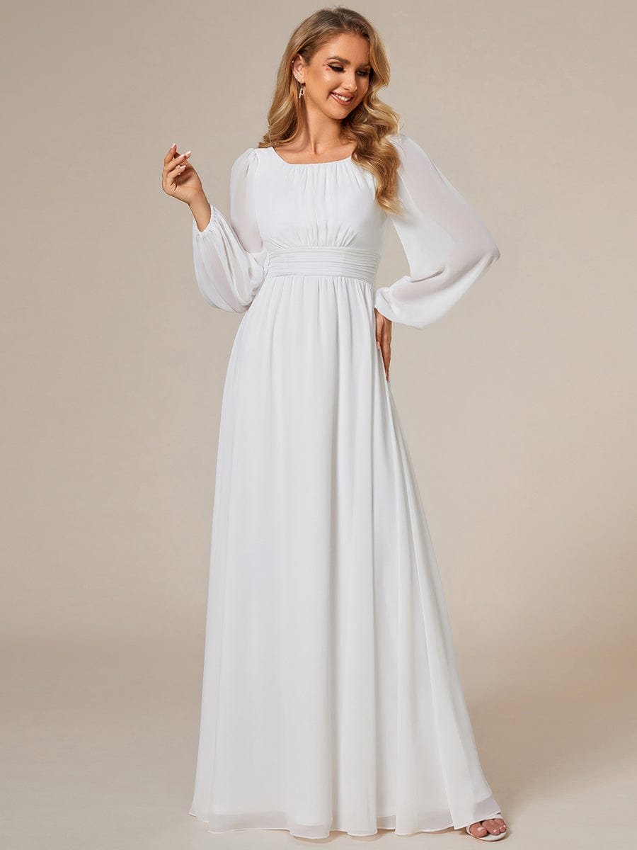 Chiffon Long Sleeve Pleated Floor Length Bridesmaid Dress #color_White