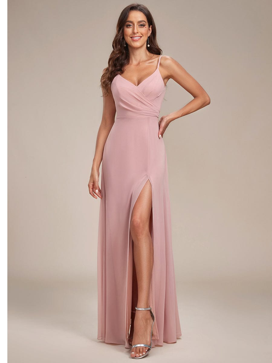 Spaghetti Strap Pleated V-Neck High Slit Bridesmaid Dress #color_Dusty Rose