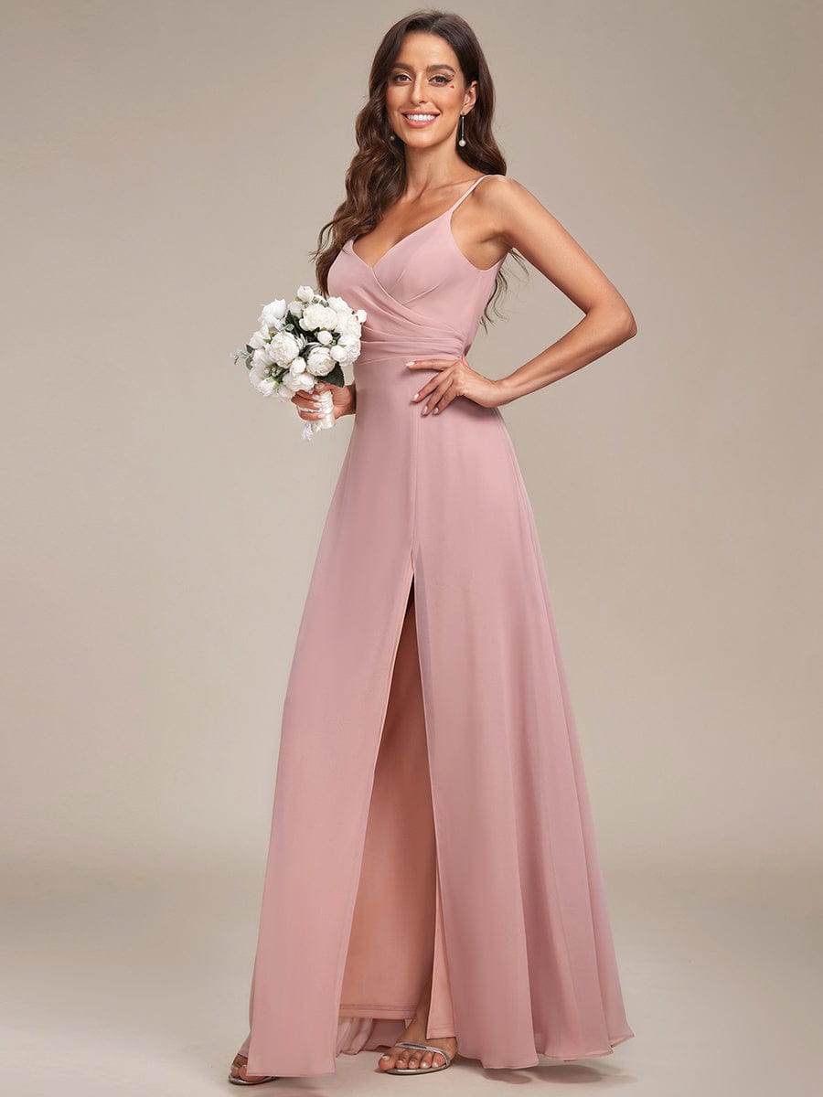 Spaghetti Strap Pleated V-Neck High Slit Bridesmaid Dress #color_Dusty Rose