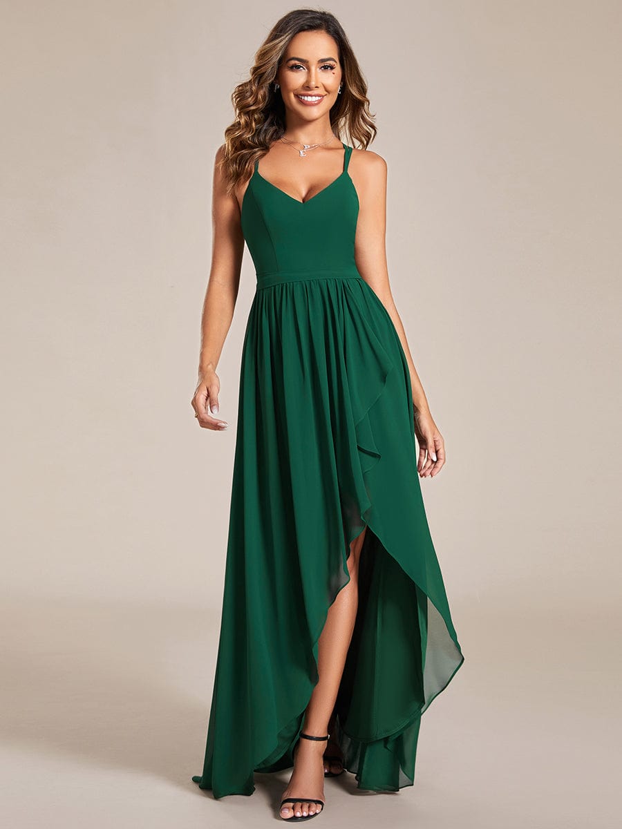 Chiffon Sweetheart Spaghetti Strap Ruffled Front Slit A-Line Dress in Dark Green #color_Dark Green