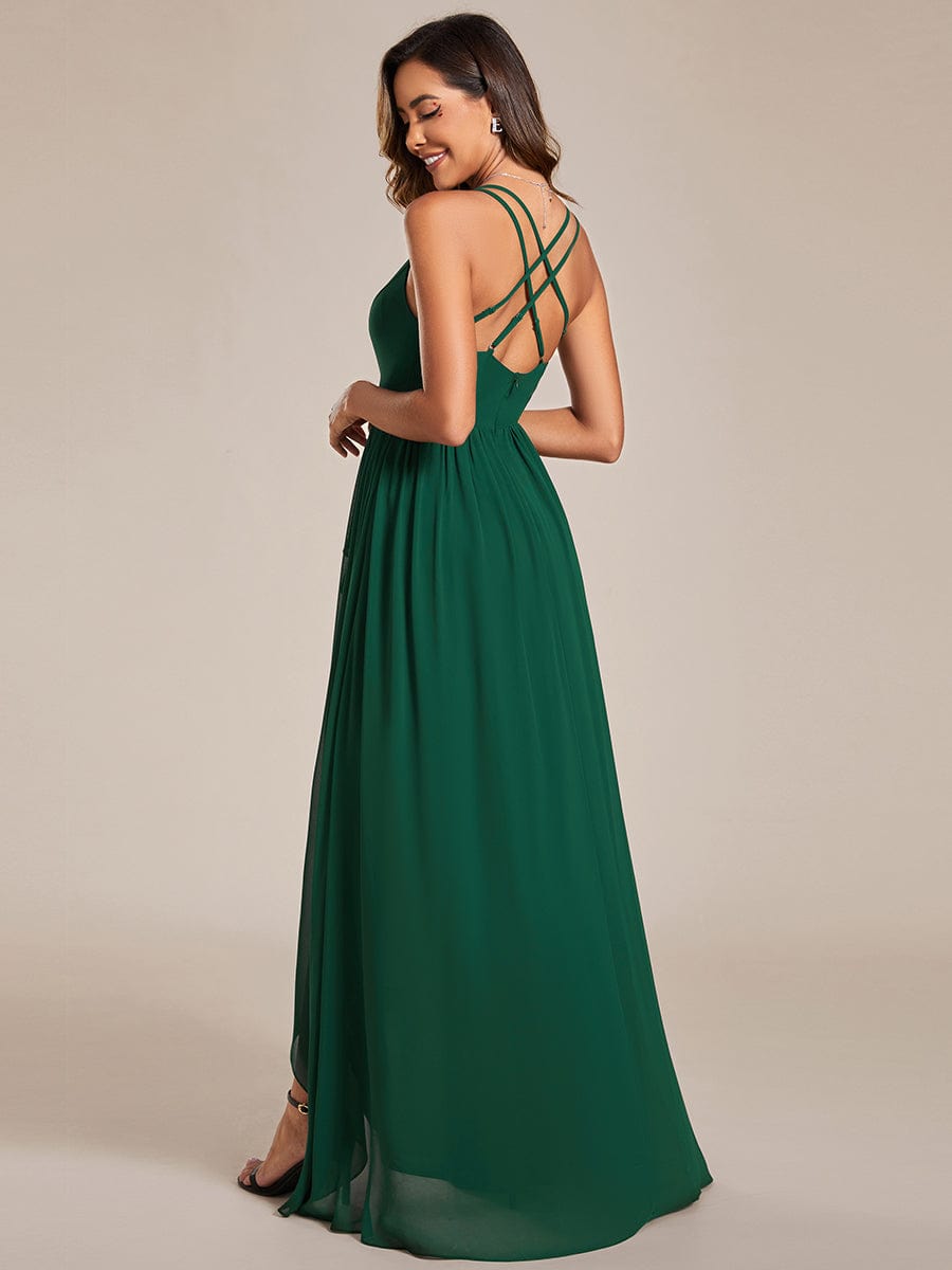 Chiffon Sweetheart Spaghetti Strap Ruffled Front Slit A-Line Dress in Dark Green #color_Dark Green