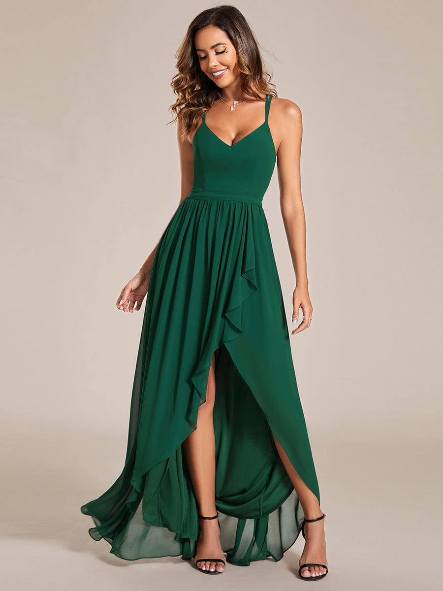 Chiffon Sweetheart Spaghetti Strap Ruffled Front Slit A-Line Dress in Dark Green #color_Dark Green