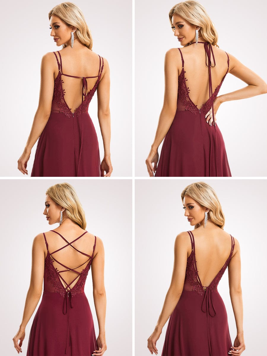 Custom Size Chiffon and Lace Open Back Bridesmaid Dress with Spaghetti Straps #color_Burgundy