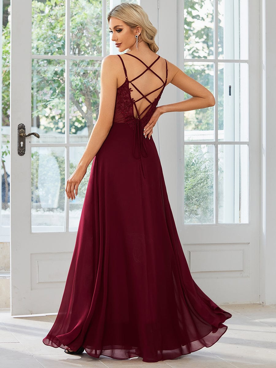 Custom Size Chiffon and Lace Open Back Bridesmaid Dress with Spaghetti Straps #color_Burgundy