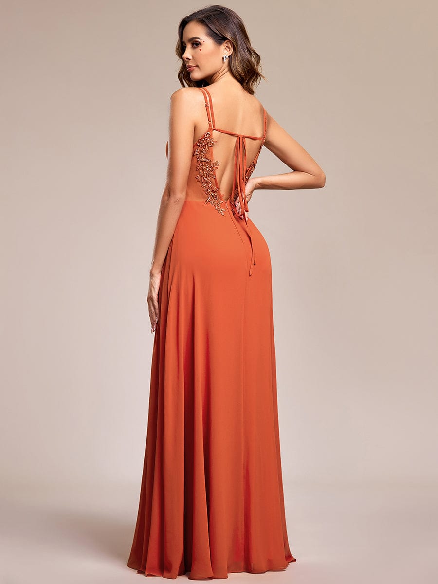 Custom Size Chiffon and Lace Open Back Bridesmaid Dress with Spaghetti Straps #color_Burnt Orange