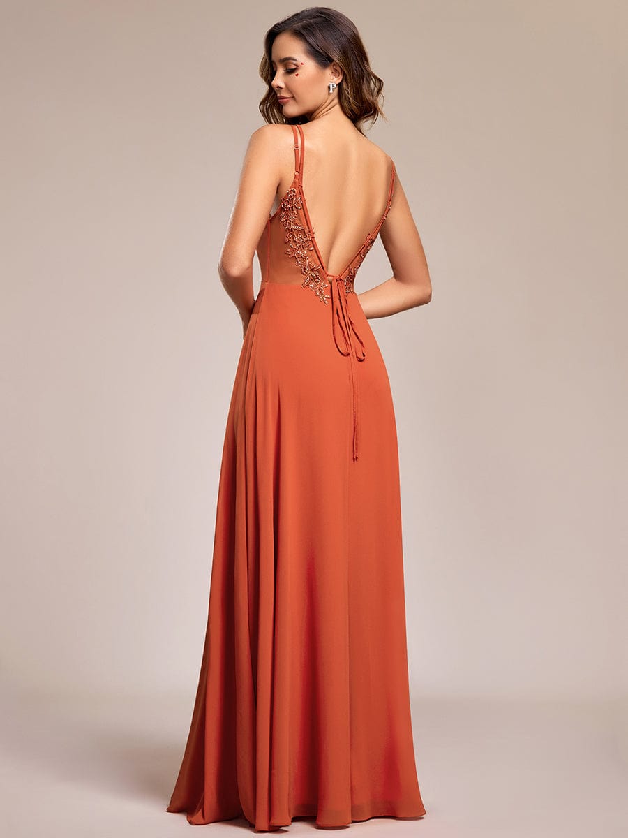 Custom Size Chiffon and Lace Open Back Bridesmaid Dress with Spaghetti Straps #color_Burnt Orange