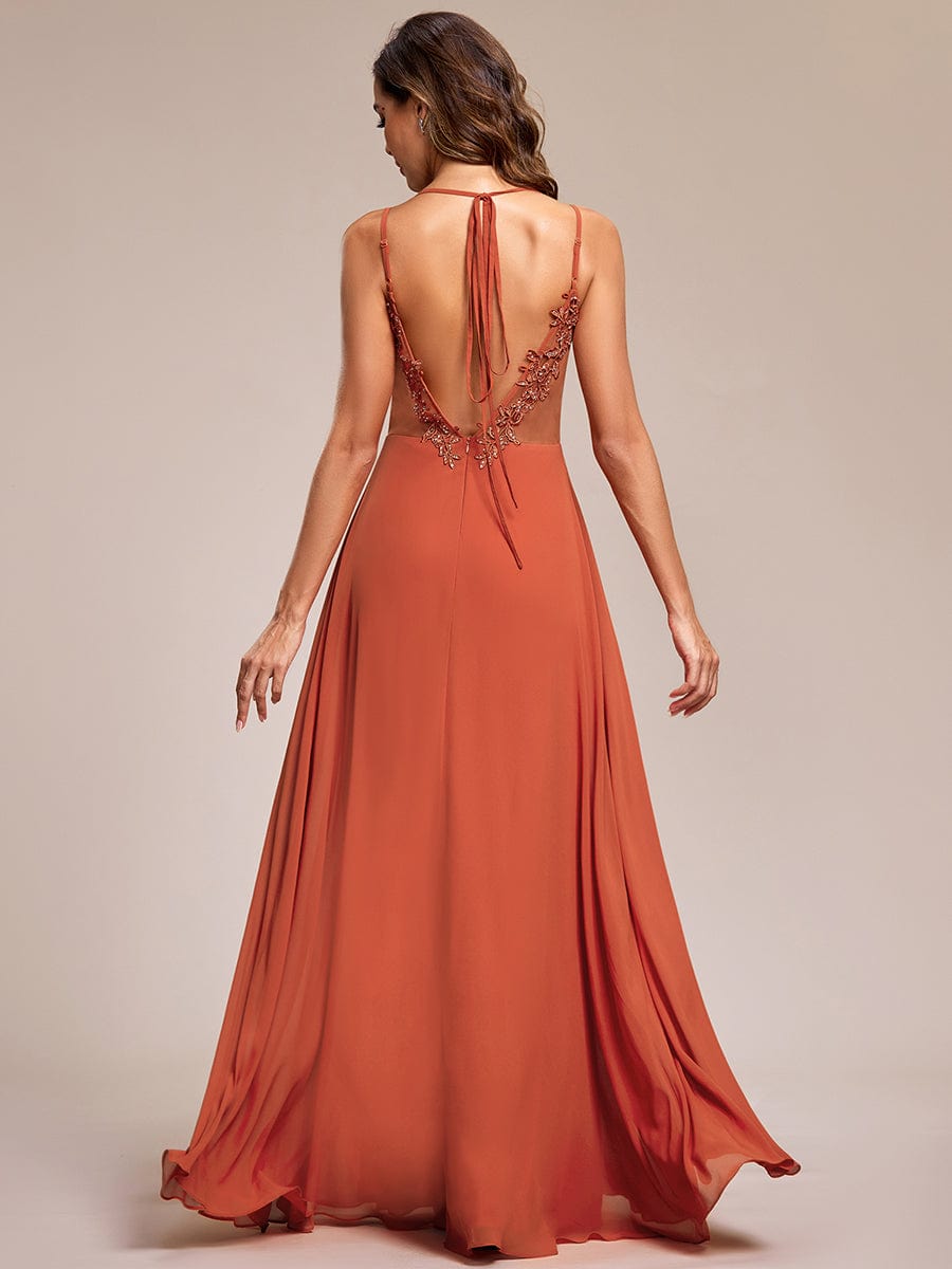 Custom Size Chiffon and Lace Open Back Bridesmaid Dress with Spaghetti Straps #color_Burnt Orange