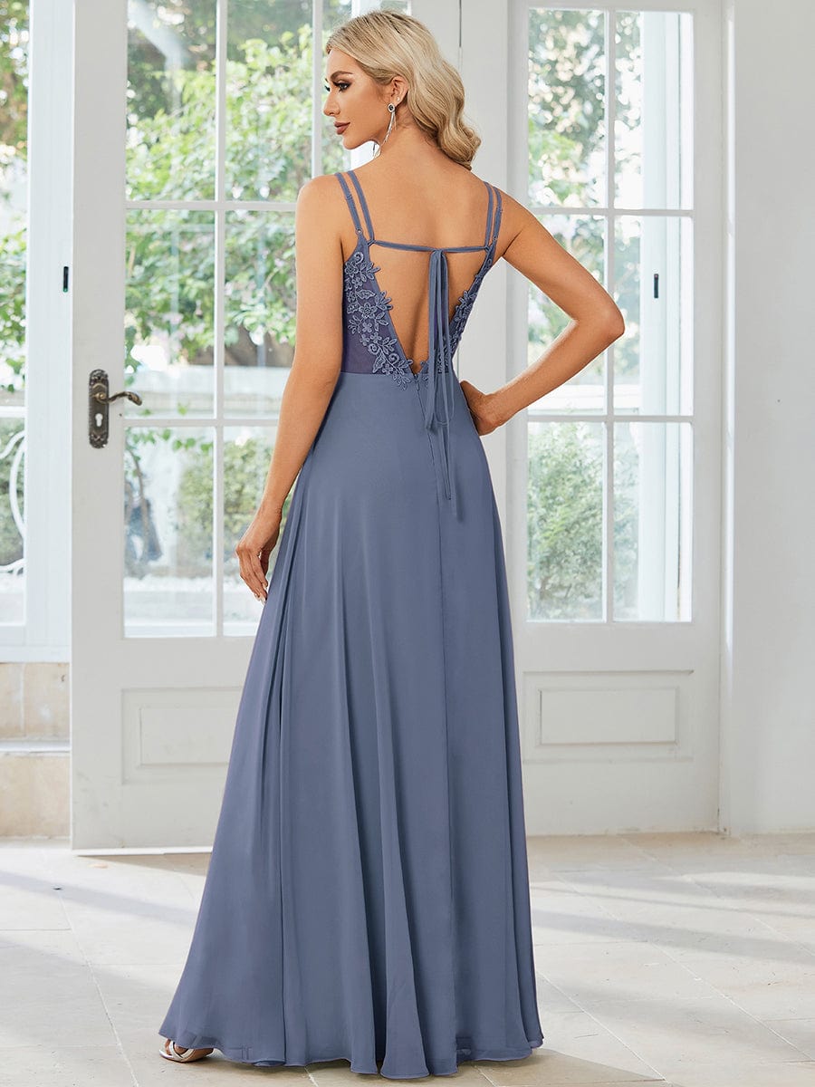 Chiffon and Lace Open Back Bridesmaid Dress with Spaghetti Straps #color_Dusty Navy