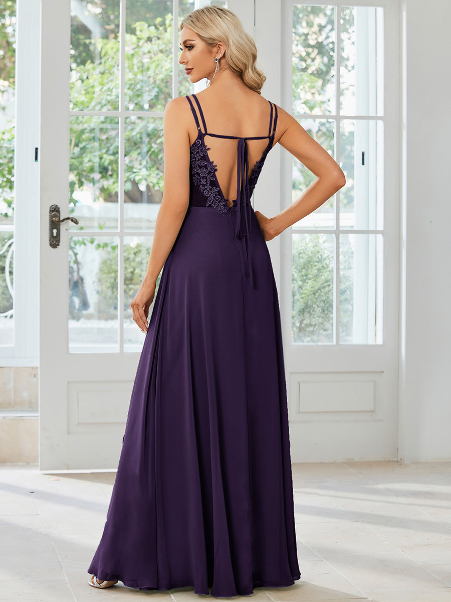 Chiffon and Lace Open Back Bridesmaid Dress with Spaghetti Straps #color_Dark Purple