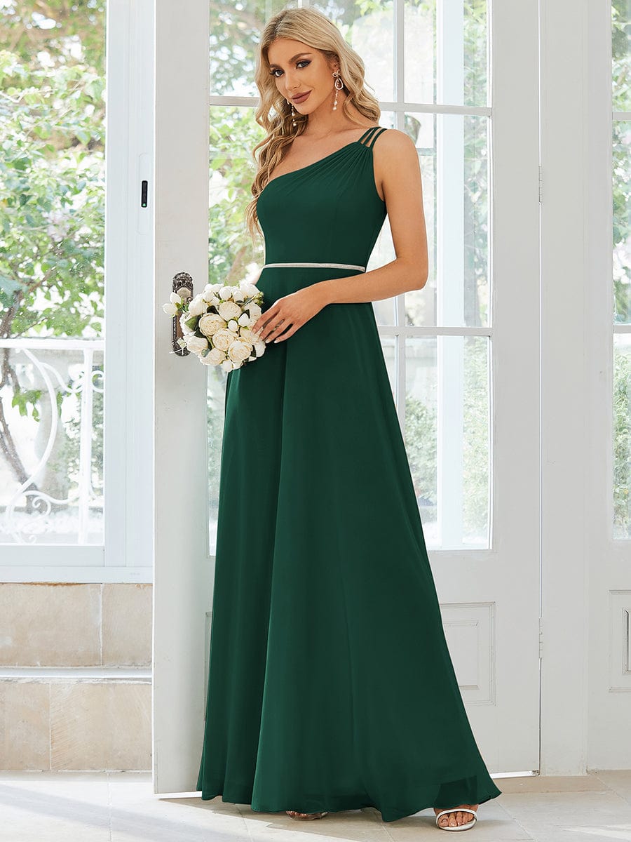 Flowy Chiffon One-Shoulder Dress with Spaghetti Strap in Dark Green #color_Dark Green