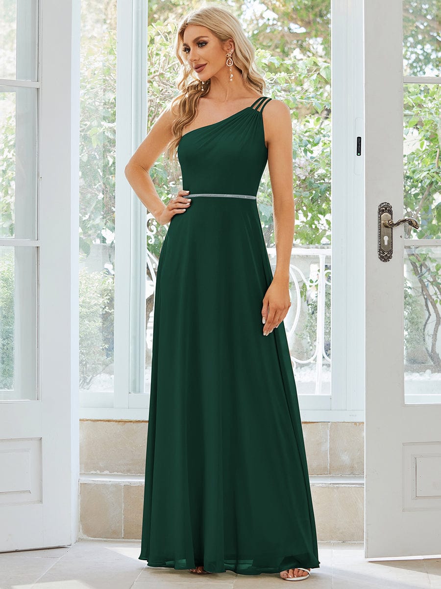 Flowy Chiffon One-Shoulder Dress with Spaghetti Strap in Dark Green #color_Dark Green