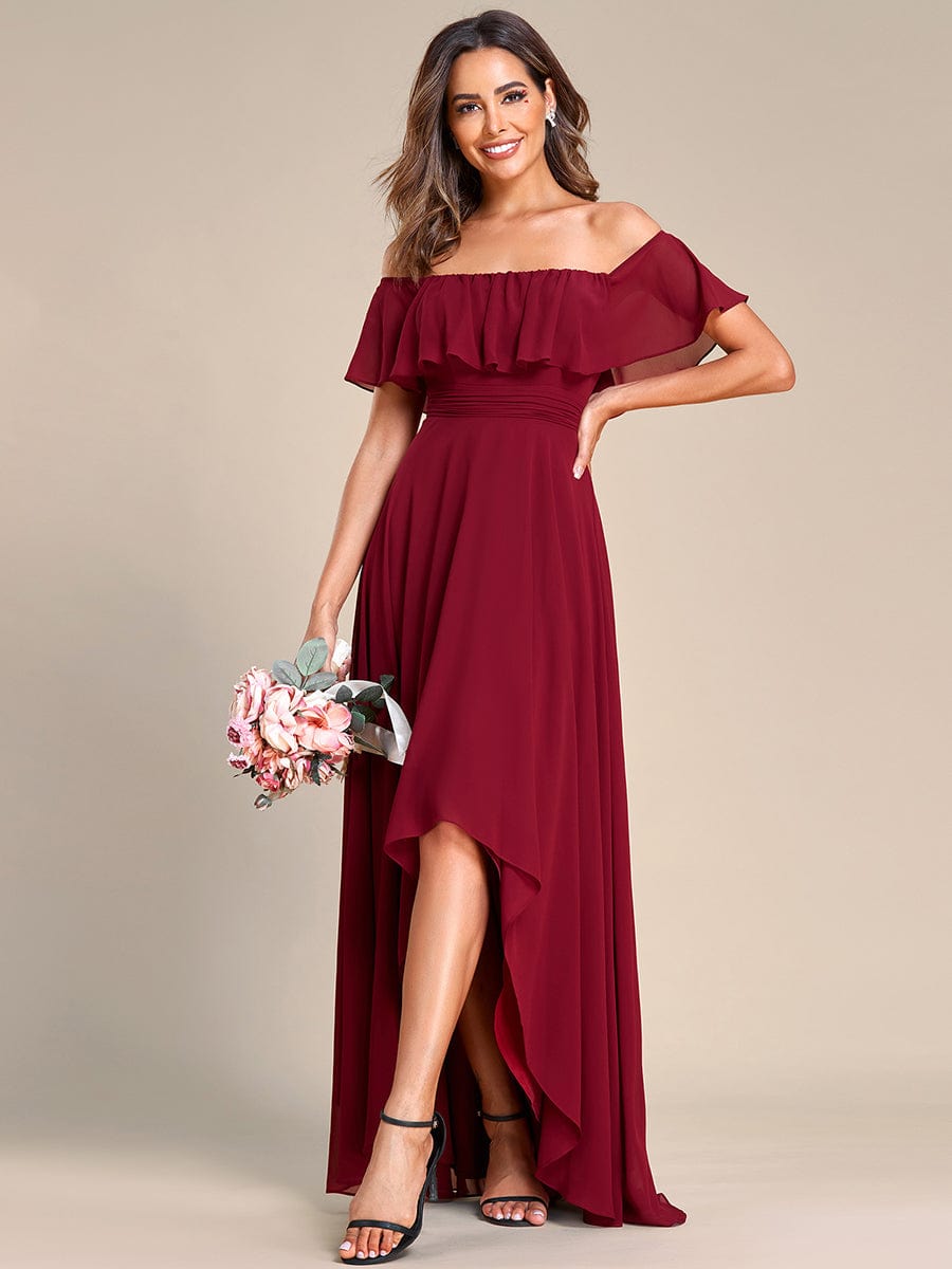 Chiffon Off-The-Shoulder High Low Bridesmaid Dress #Color_Burgundy