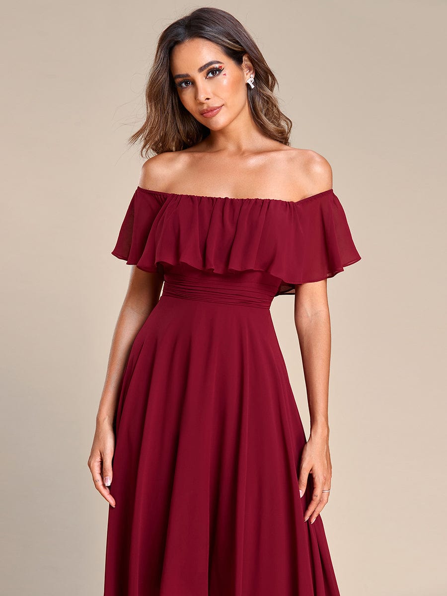 Chiffon Off-The-Shoulder High Low Bridesmaid Dress #Color_Burgundy