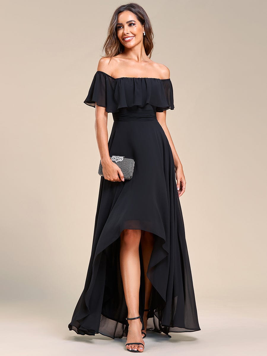 Lace Chiffon Long Dress with Open Back in Black #Color_Black