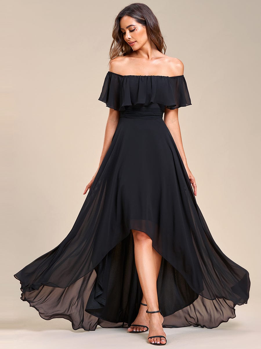 Lace Chiffon Long Dress with Open Back in Black #Color_Black