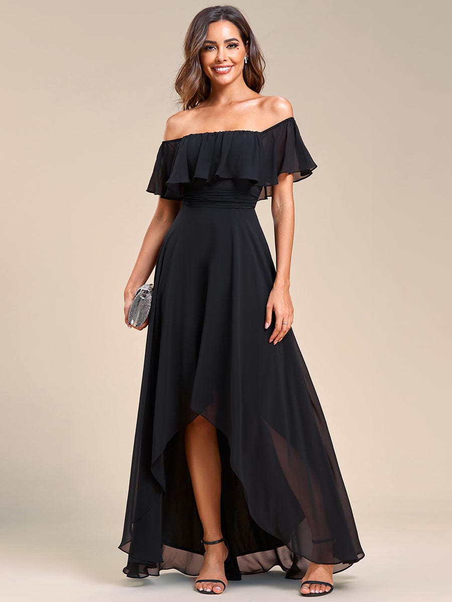 Lace Chiffon Long Dress with Open Back in Black #Color_Black