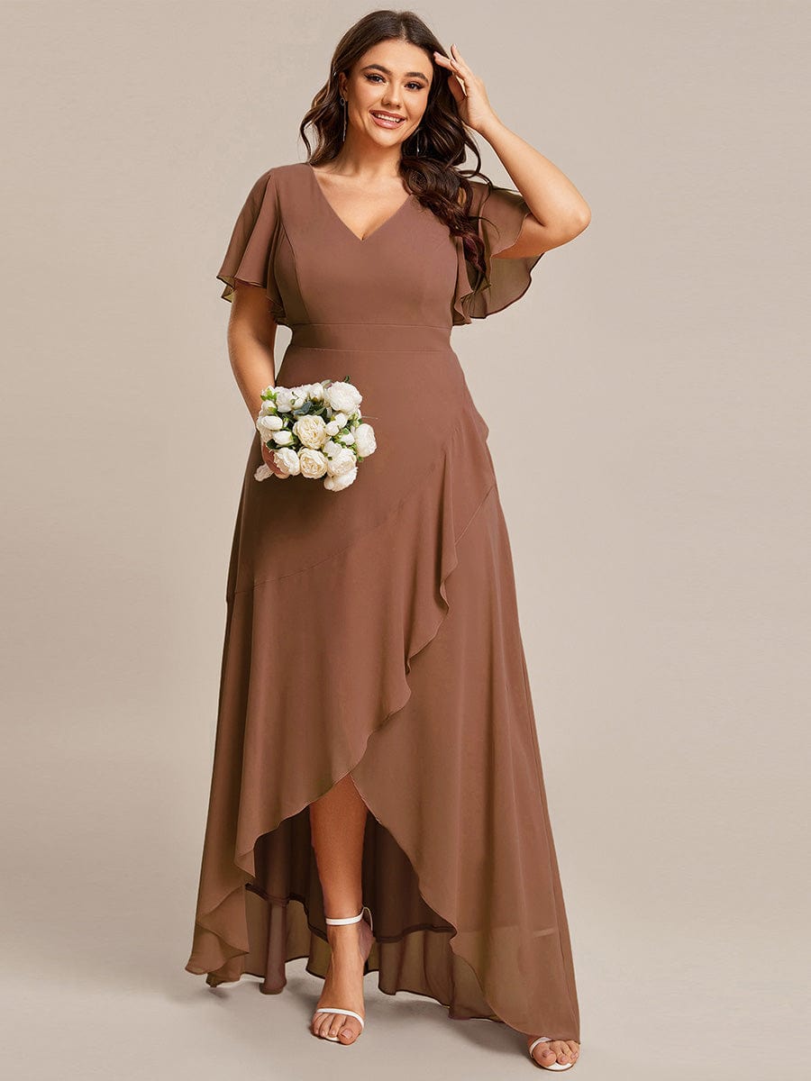 Custom Size Charming Chiffon Bridesmaid Dress with Lotus Leaf Hemline #color_Brown