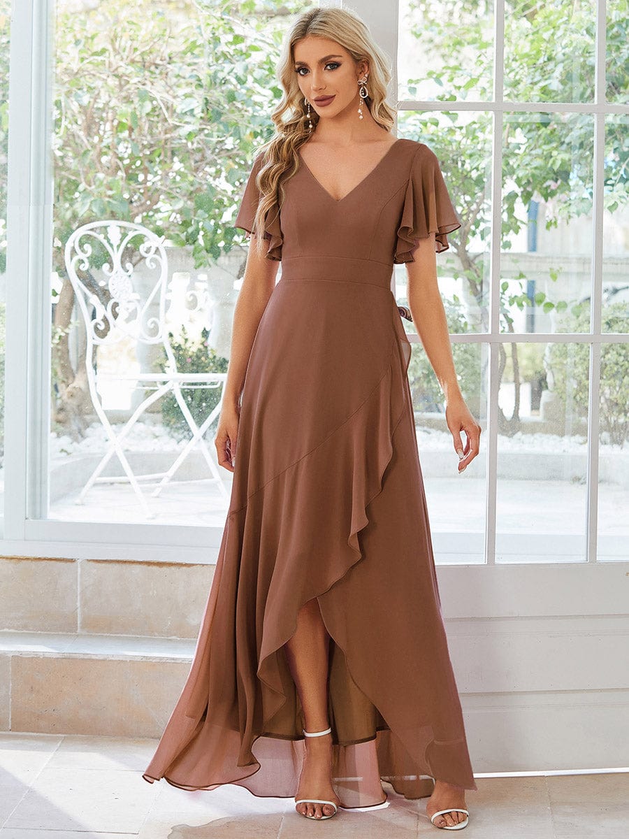 Custom Size Charming Chiffon Bridesmaid Dress with Lotus Leaf Hemline #color_Brown