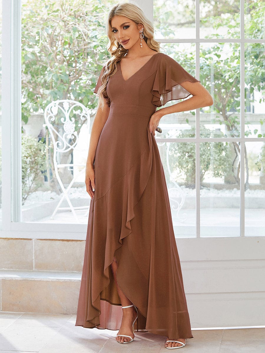 Custom Size Charming Chiffon Bridesmaid Dress with Lotus Leaf Hemline #color_Brown