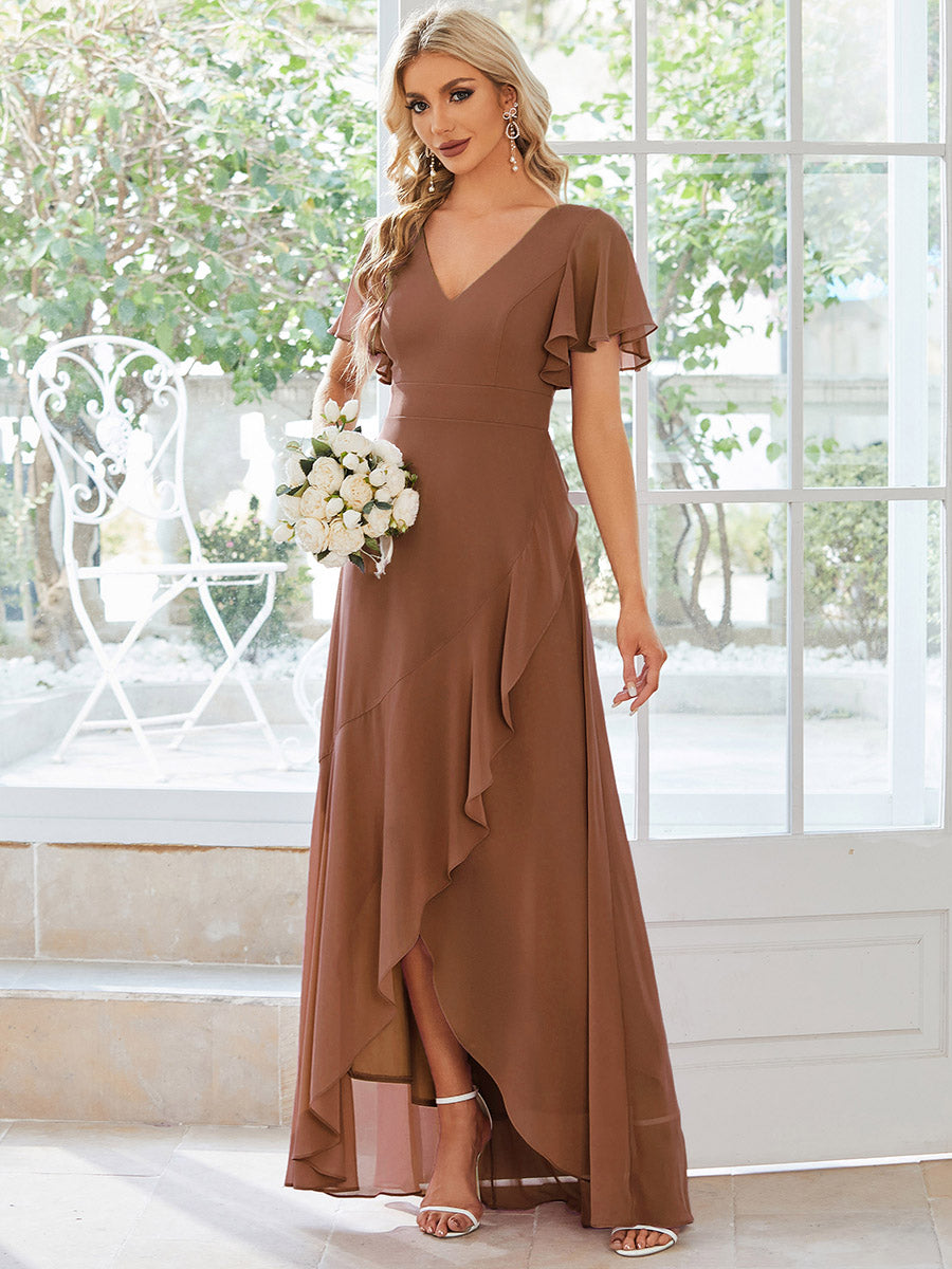 Charming Chiffon Bridesmaid Dress with Lotus Leaf Hemline #color_Brown