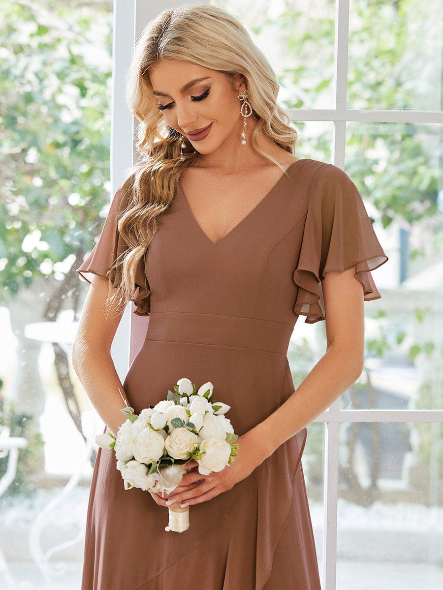 Custom Size Charming Chiffon Bridesmaid Dress with Lotus Leaf Hemline #color_Brown