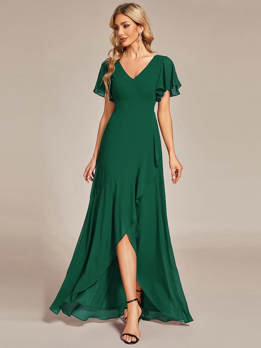 Charming Chiffon Bridesmaid Dress with Lotus Leaf Hemline #color_Dark Green