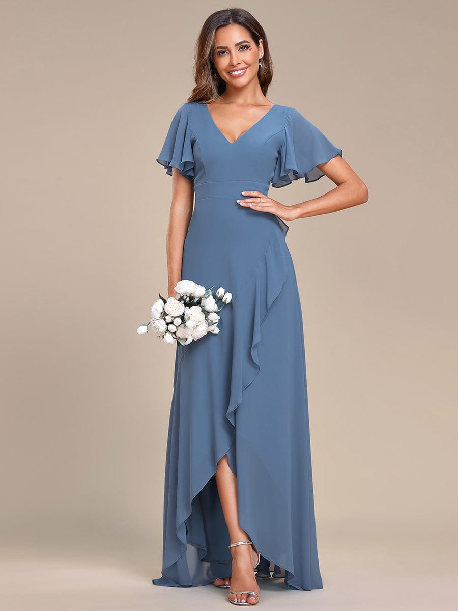 Charming Chiffon Bridesmaid Dress with Lotus Leaf Hemline #color_Dusty Blue