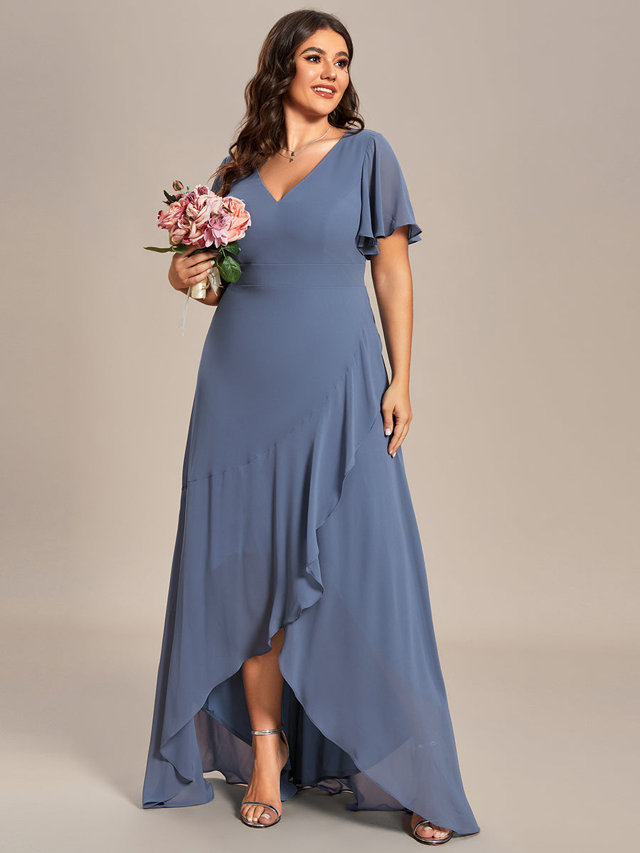 Charming Chiffon Bridesmaid Dress with Lotus Leaf Hemline in Dusty Blue #color_Dusty Blue