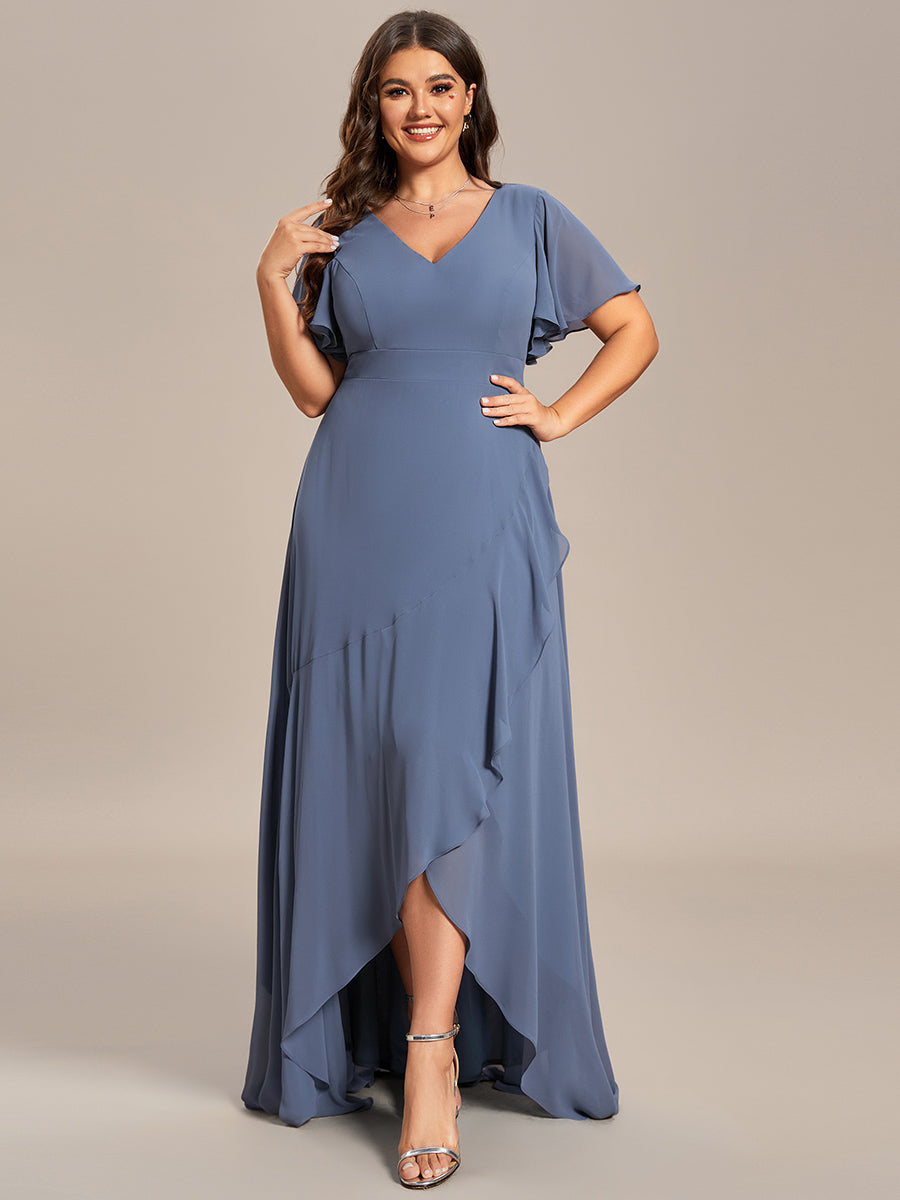 Charming Chiffon Dress with Lotus Leaf Hemline in Dusty Blue