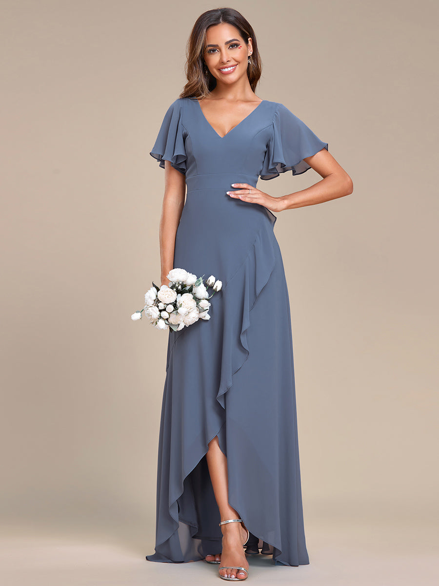 Charming Chiffon Bridesmaid Dress with Lotus Leaf Hemline in Dusty Blue #color_Dusty Blue