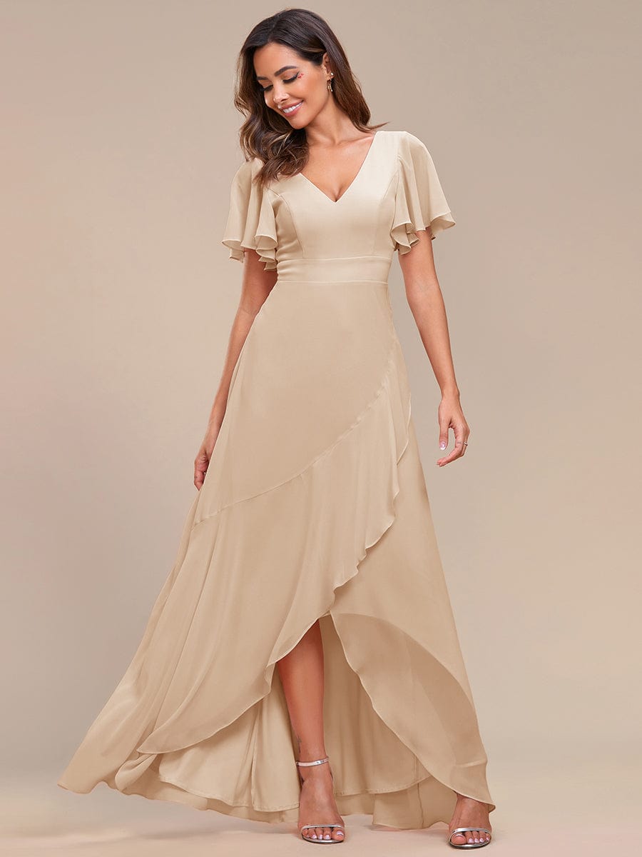 Charming Chiffon Bridesmaid Dress with Lotus Leaf Hemline #color_Gold