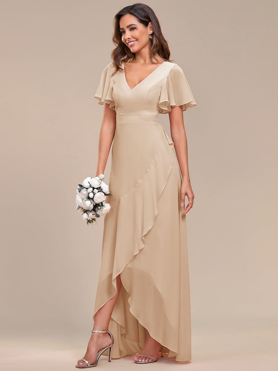 Charming Chiffon Bridesmaid Dress with Lotus Leaf Hemline #color_Gold