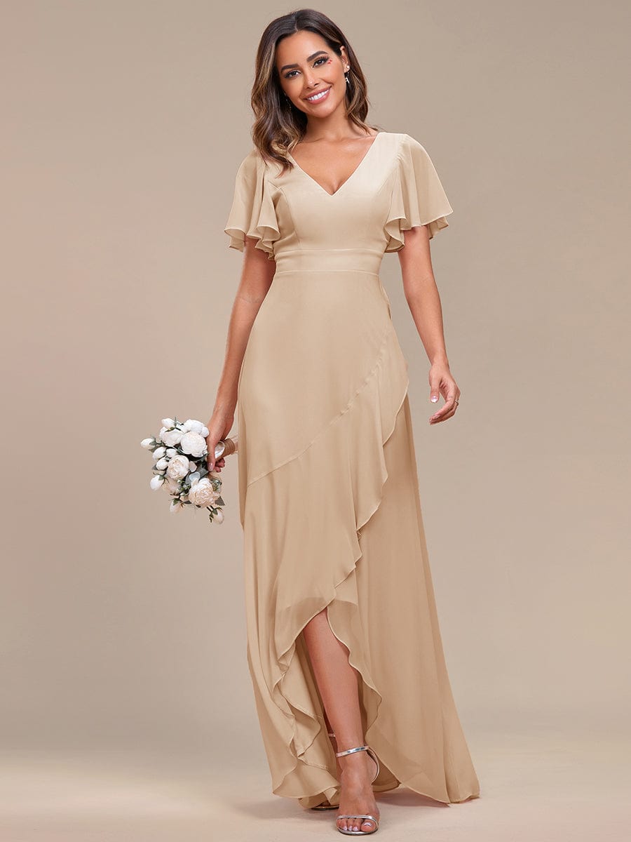 Charming Chiffon Bridesmaid Dress with Lotus Leaf Hemline #color_Gold