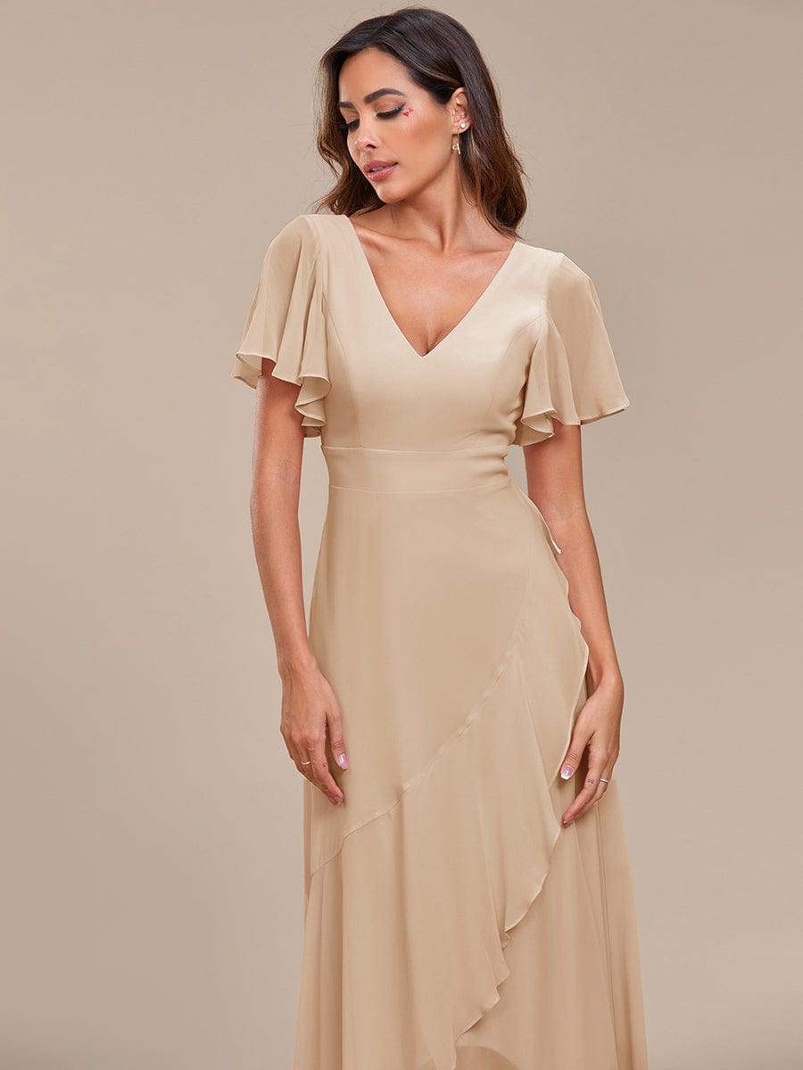 Charming Chiffon Bridesmaid Dress with Lotus Leaf Hemline #color_Gold