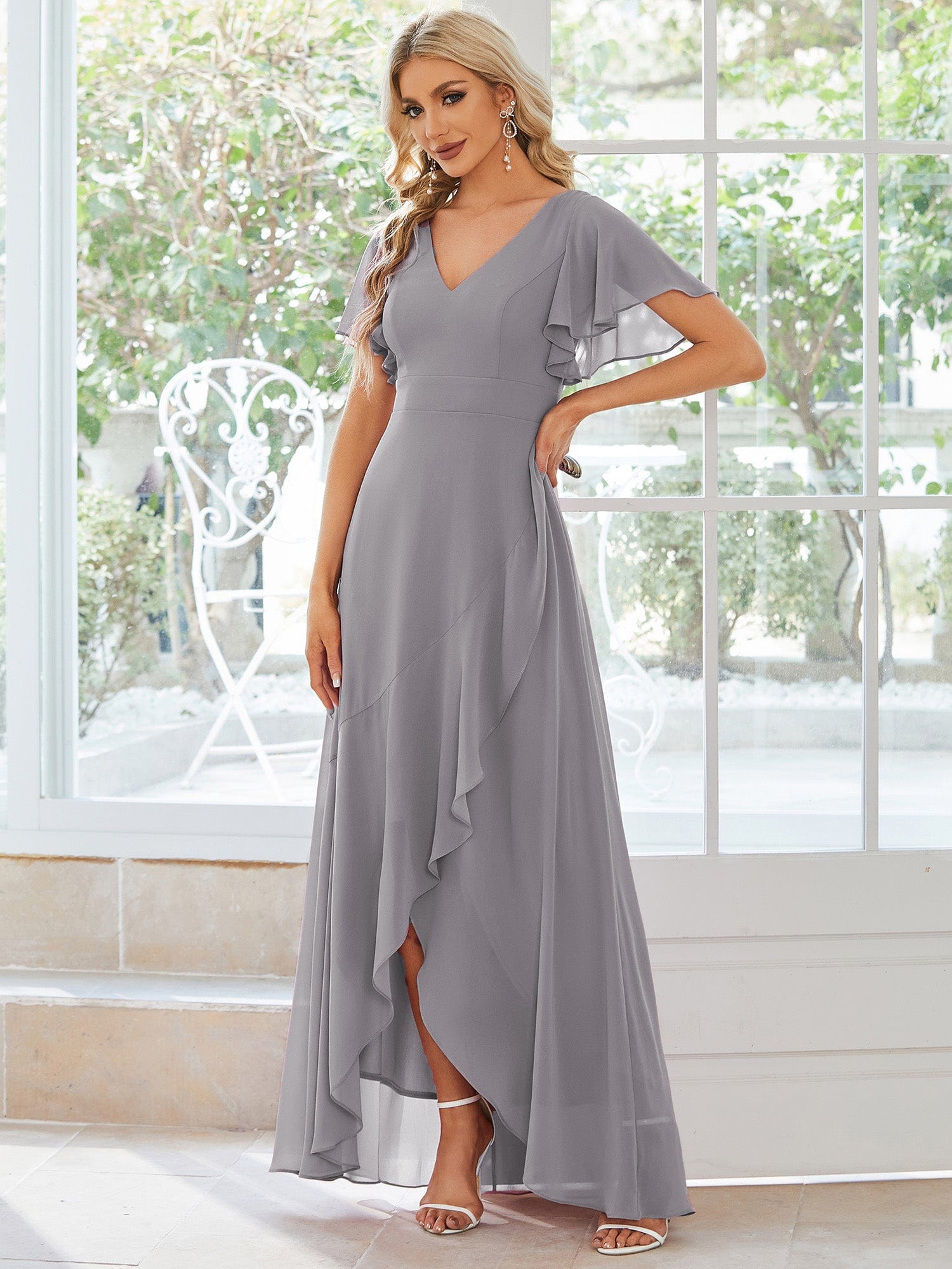 Charming Chiffon Bridesmaid Dress with Lotus Leaf Hemline #color_Grey