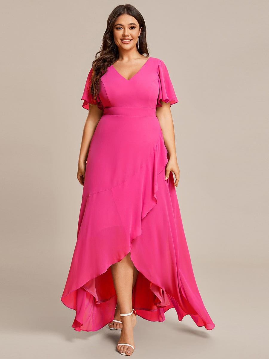 Plus Size Elegant Lotus Sleeves Chiffon Bridesmaid Dress #color_Hot Pink