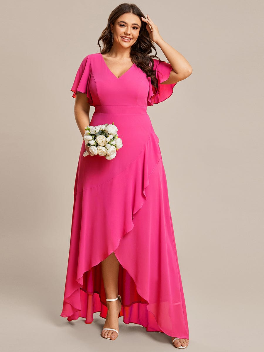 Plus Size Elegant Lotus Sleeves Chiffon Bridesmaid Dress #color_Hot Pink