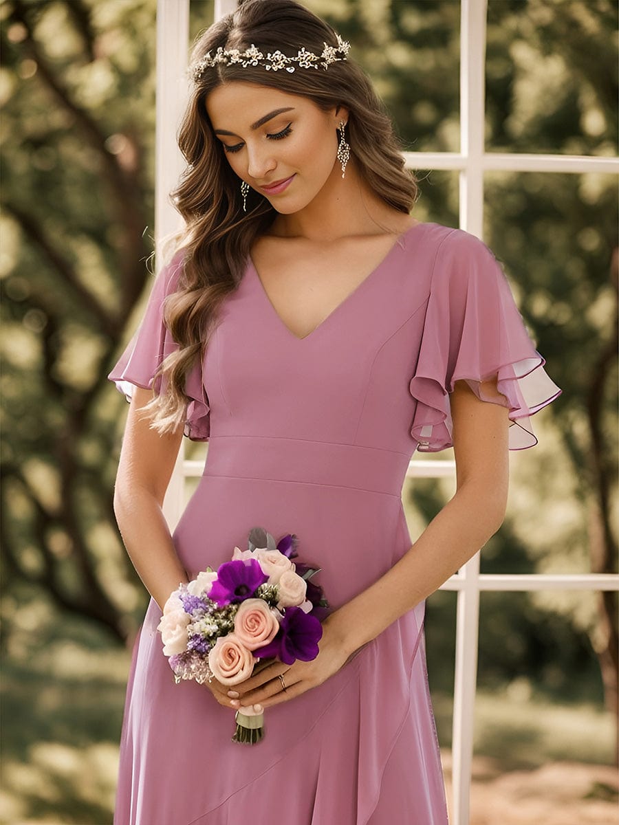 Custom Size Charming Chiffon Bridesmaid Dress with Lotus Leaf Hemline #color_Purple Orchid