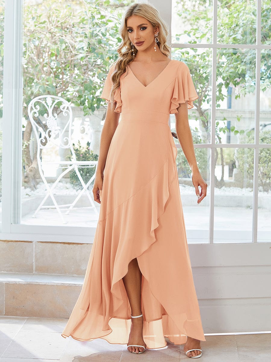 Charming Chiffon Bridesmaid Dress with Lotus Leaf Hemline #color_Peach