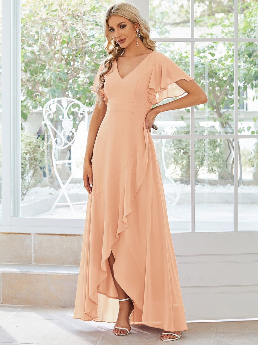 Charming Chiffon Bridesmaid Dress with Lotus Leaf Hemline #color_Peach