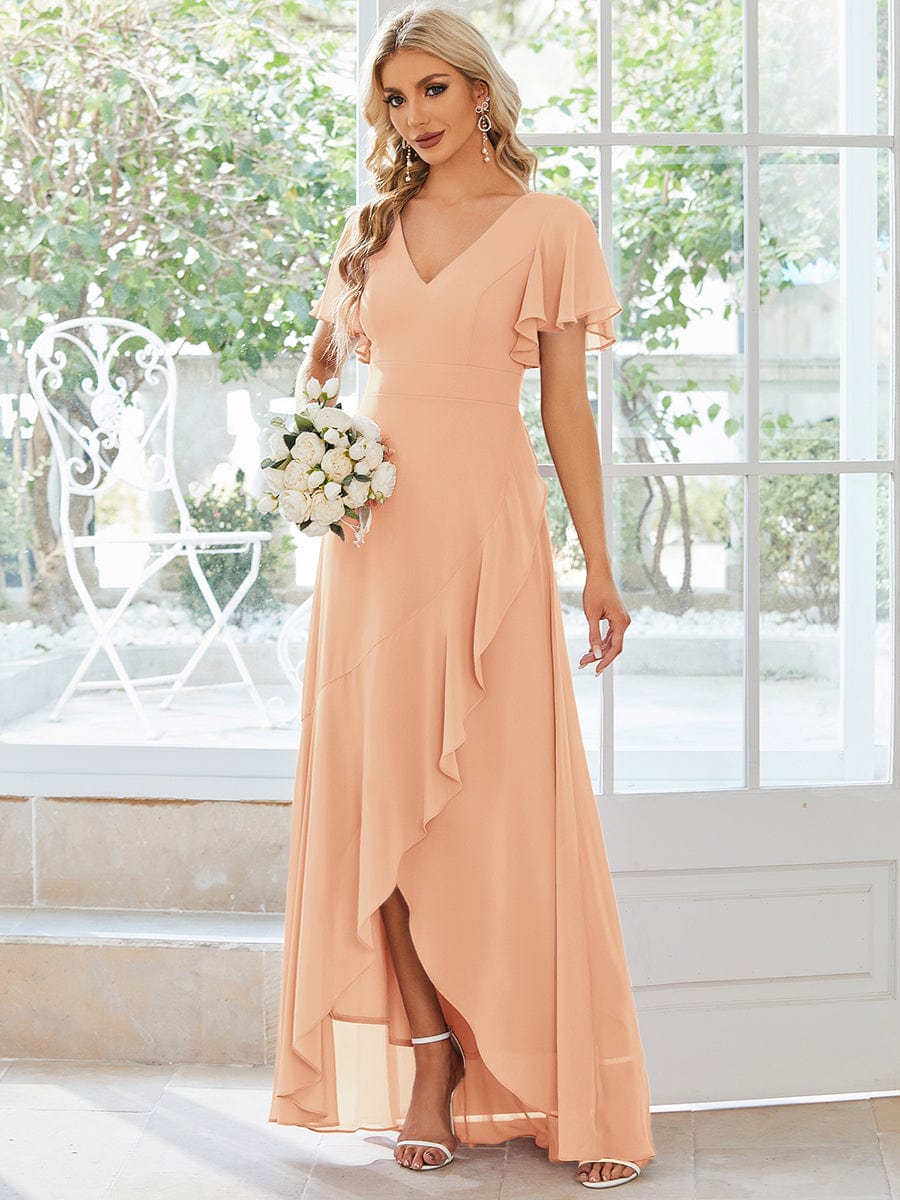 Charming Chiffon Bridesmaid Dress with Lotus Leaf Hemline #color_Peach