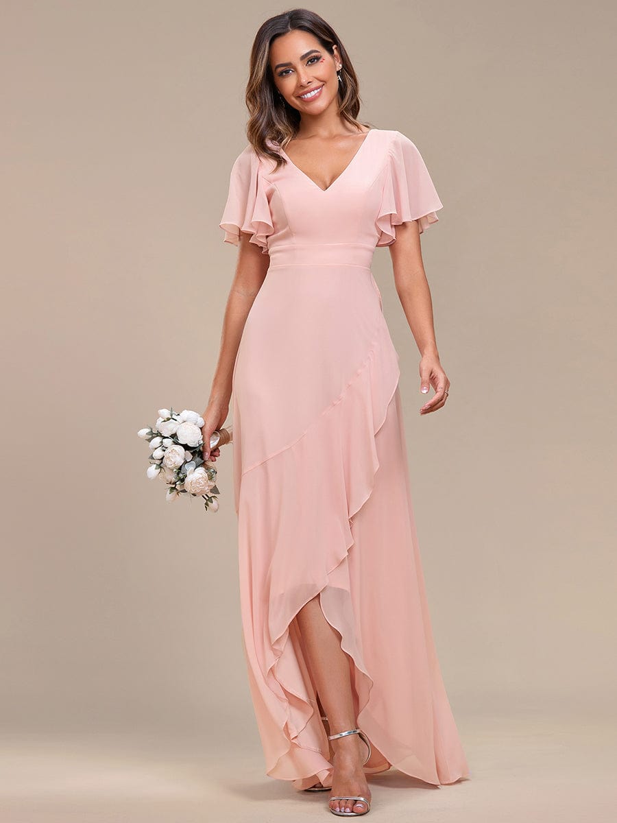 Charming Chiffon Dress with Lotus Leaf Hemline In Pink #color_Pink